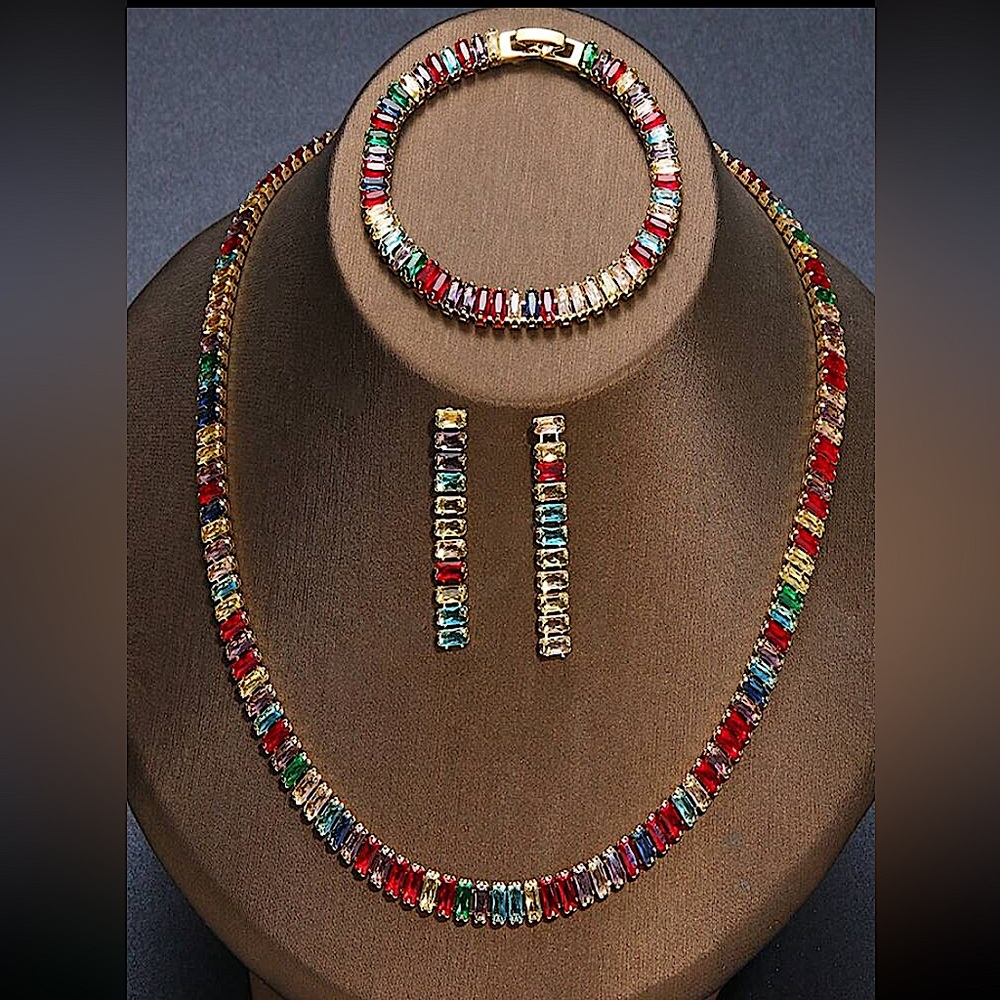 Gold Baguette Multicolor Rhinestone Choker Necklace Earrings Bracelet Set
